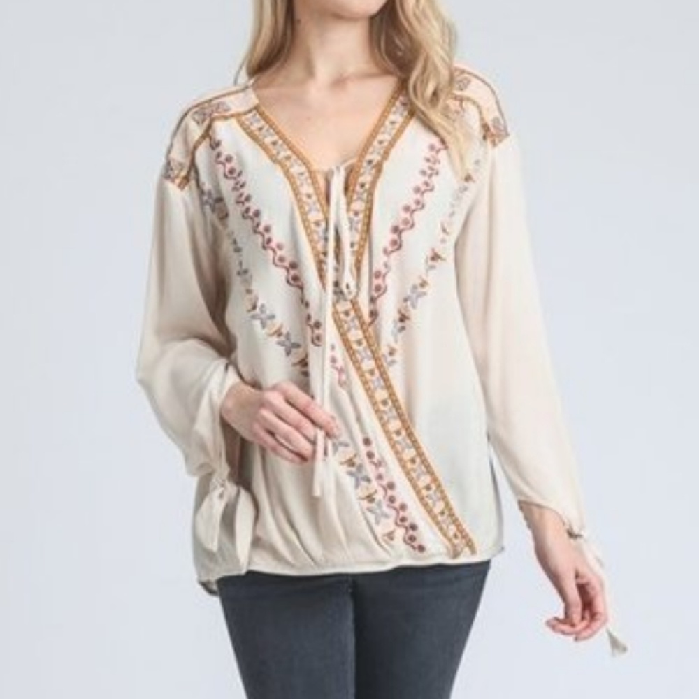 Arcata boho chic embroidered surplice blouse